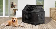 45" Heavy Duty Dog Crate Indestructible Pet Dog Cage Crate Kennel with Roof Top 2 Doors Removable Trays, Lockable Wheels