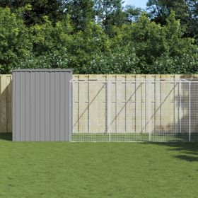 Dog House with Run Light Gray 84.3"x340.6"x71.3" Galvanized Steel (Color: Gray)