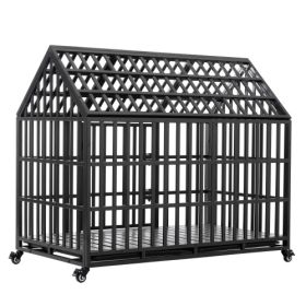 52" Heavy Duty Dog Crate Large Dog cage Strong Metal Dog Kennels and Crates for Large Dogs with 4 Lockable Wheels (Color: Black)