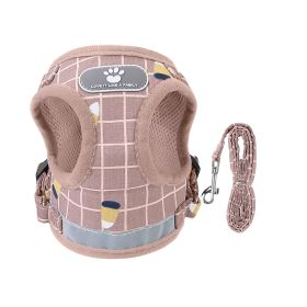Pet Mesh Harness Dog Leash Set Reflective Chest Strap Adjustable Puppy Vest For Puppies Breeds Dogs Cats Walking Outdoor (Option: LeashPinkCheckeredS)